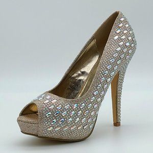 Valenti Franco Honey 2 Champagne Peep Toe Rhinestone Stiletto High Heels